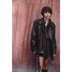 ZARA Oversized Faux Leather Biker Jacket Brown M Moto Zip Sleeves Belted Cool